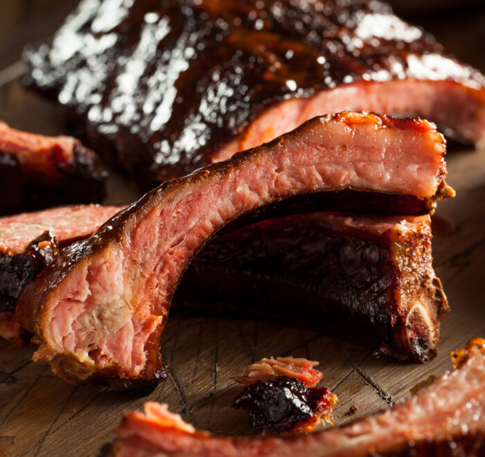 A close-up image of BBQ ribs